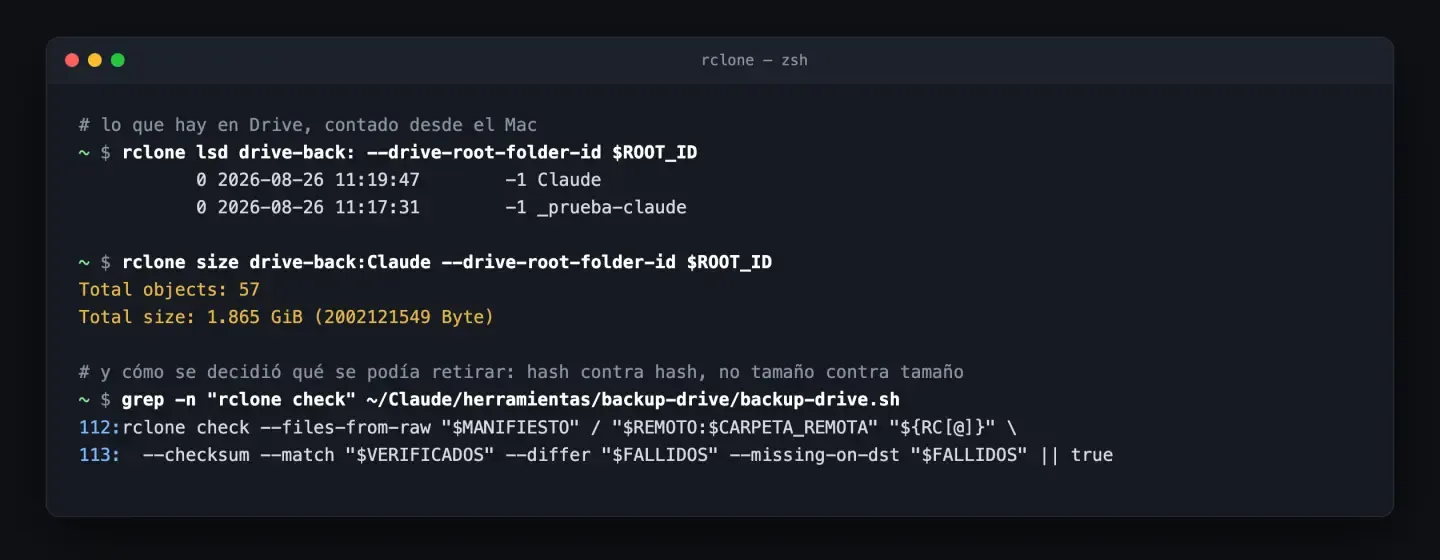 Terminal que cuenta lo archivado en la nube: 57 objetos y 1,865 GiB y la línea del script que compara las copias por huella digital