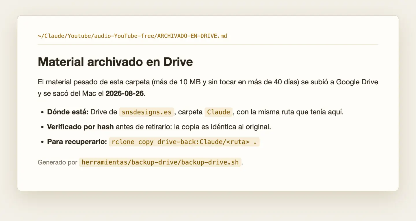 Nota que el script deja en una carpeta vaciada: dónde está el material, que se verificó por huella digital y el comando exacto para recuperarlo
