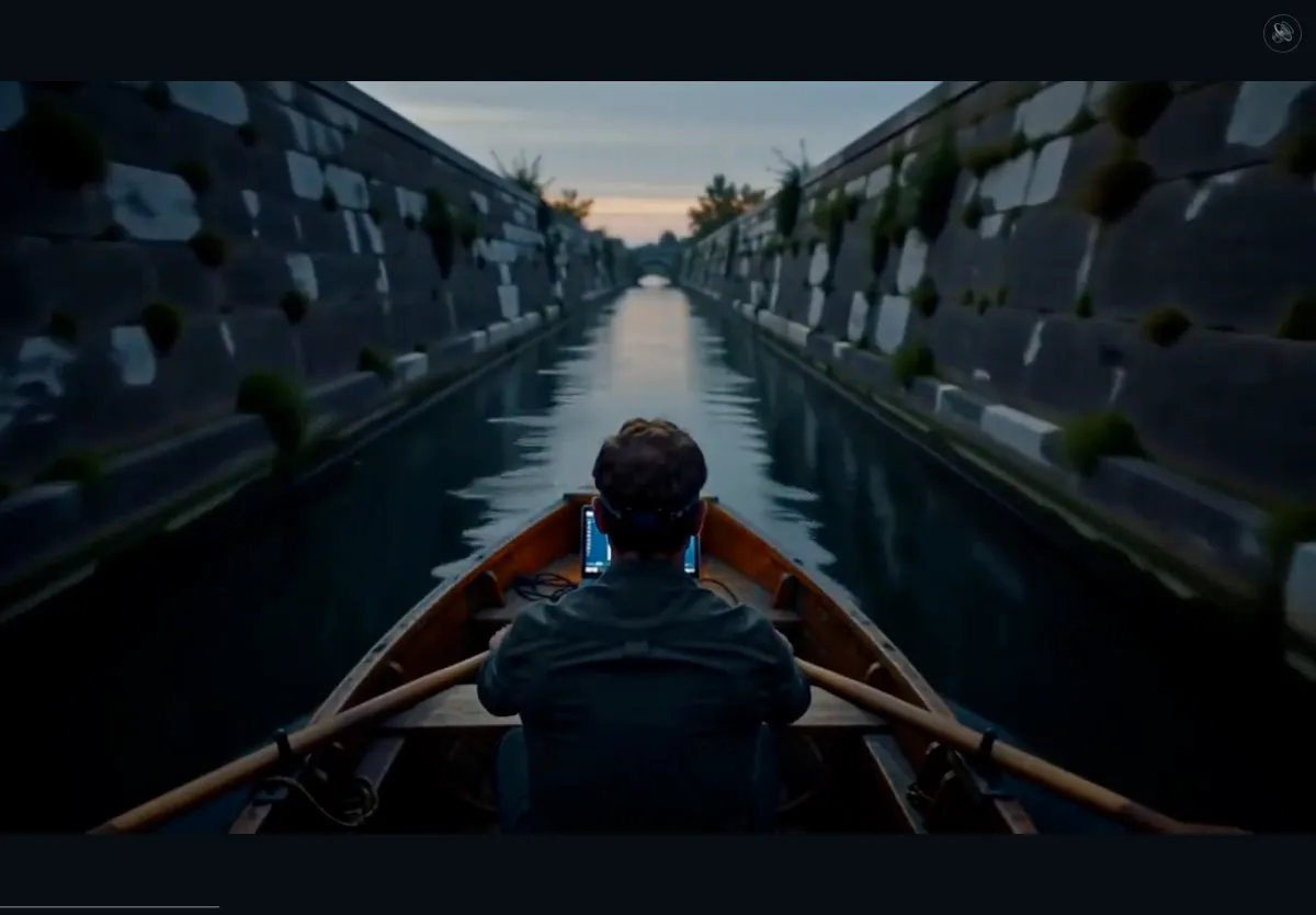 Plano de la película: un hombre rema de espaldas en una barca por un canal de muros de piedra al atardecer