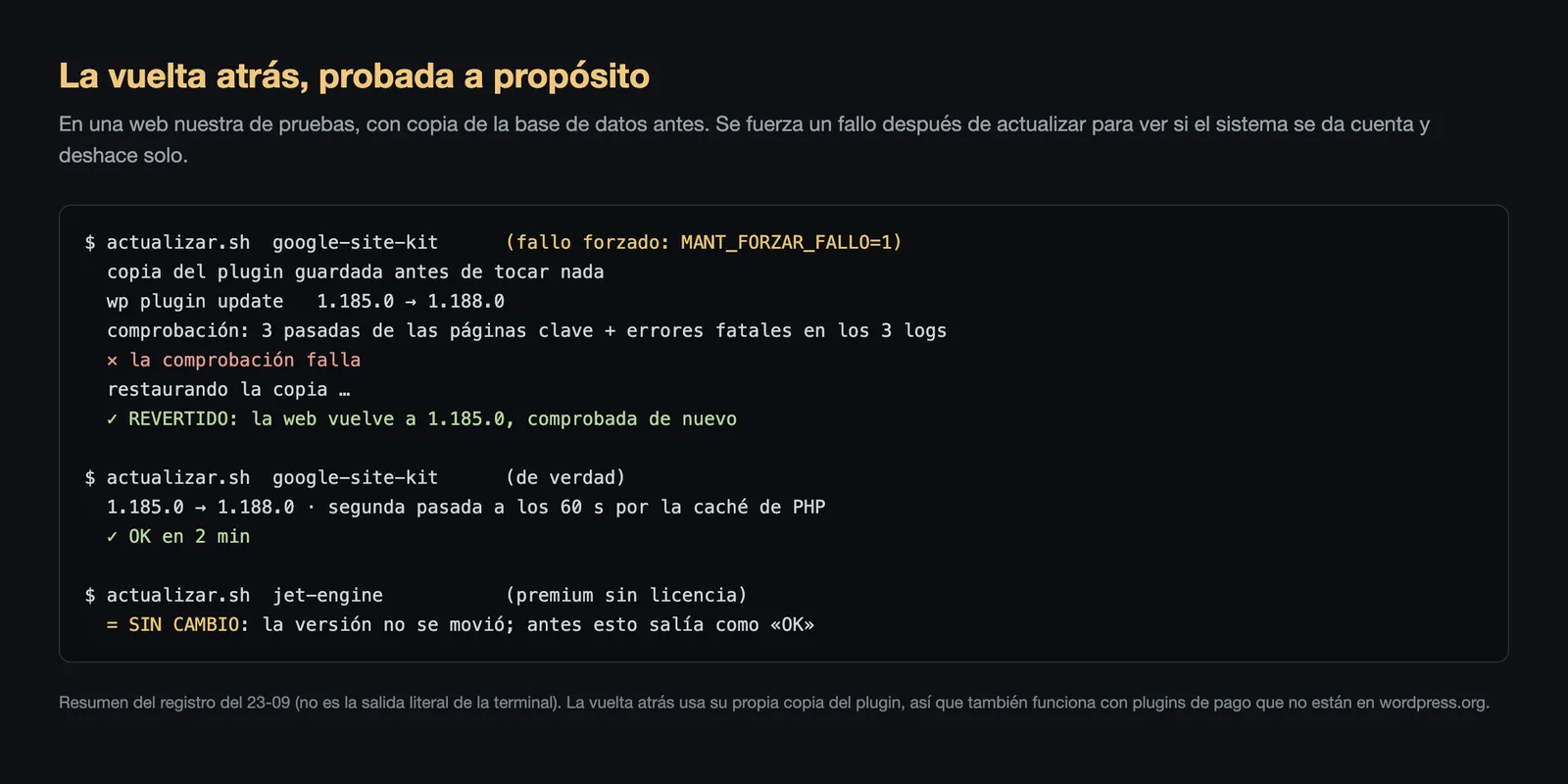Registro de una prueba forzada: el plugin se actualiza, la comprobación falla y la web vuelve sola a la versión anterior