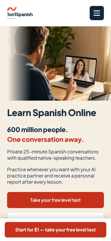 Portada de 1on1Spanish en un móvil: foto de una videollamada de clase, titular «Learn Spanish Online» y botón «Take your free level test».