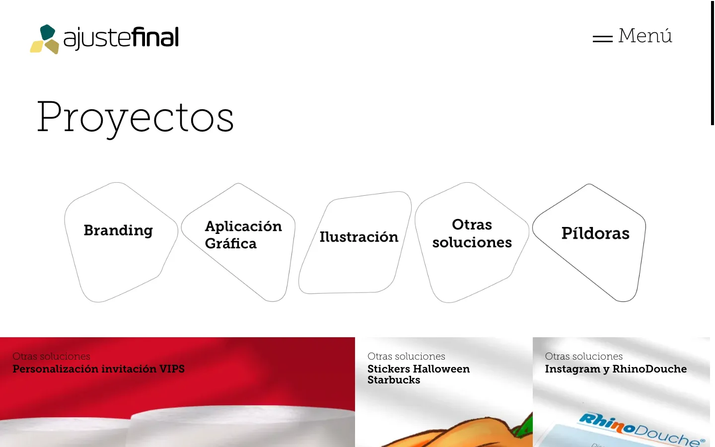 Página de proyectos con los filtros Branding, Aplicación gráfica, Ilustración, Otras soluciones y Píldoras dentro de formas de contorno fino, y debajo las primeras fichas de proyecto.
