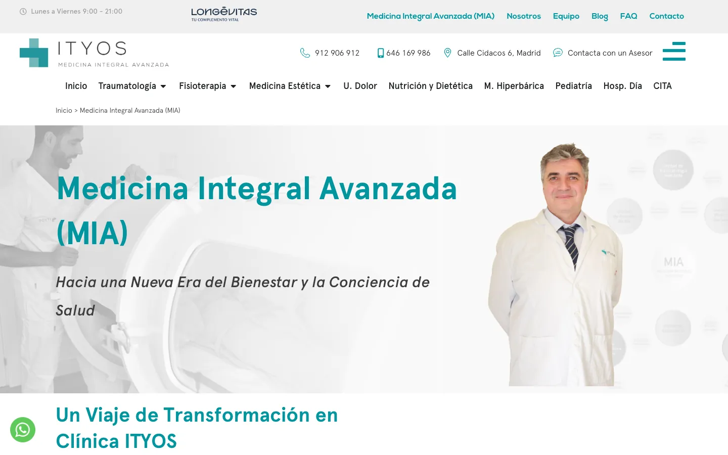 Página de Medicina Integral Avanzada con el título en turquesa y la foto de un médico con bata.