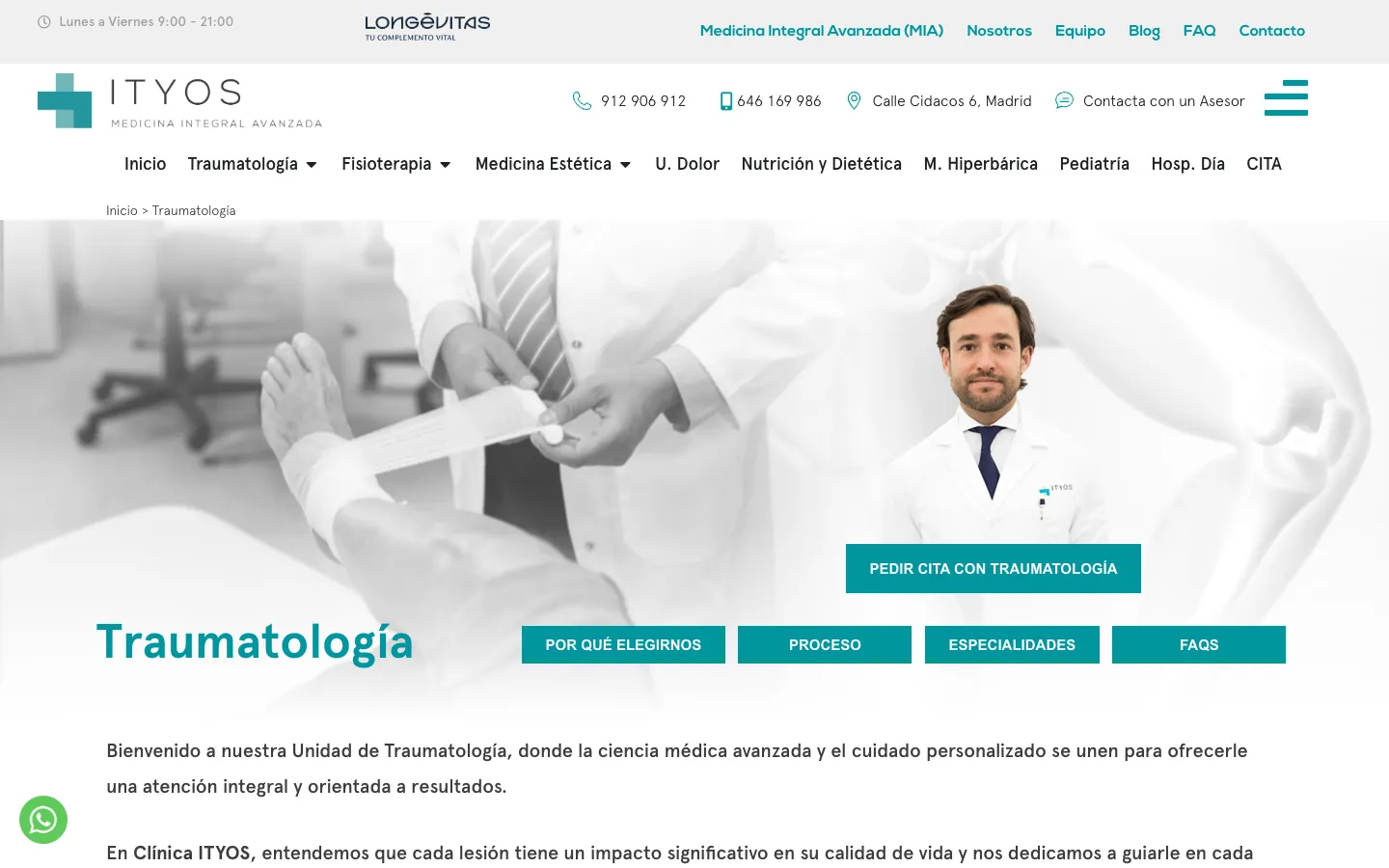 Página de Traumatología con el especialista, el botón para pedir cita y cuatro accesos a los apartados de la página.