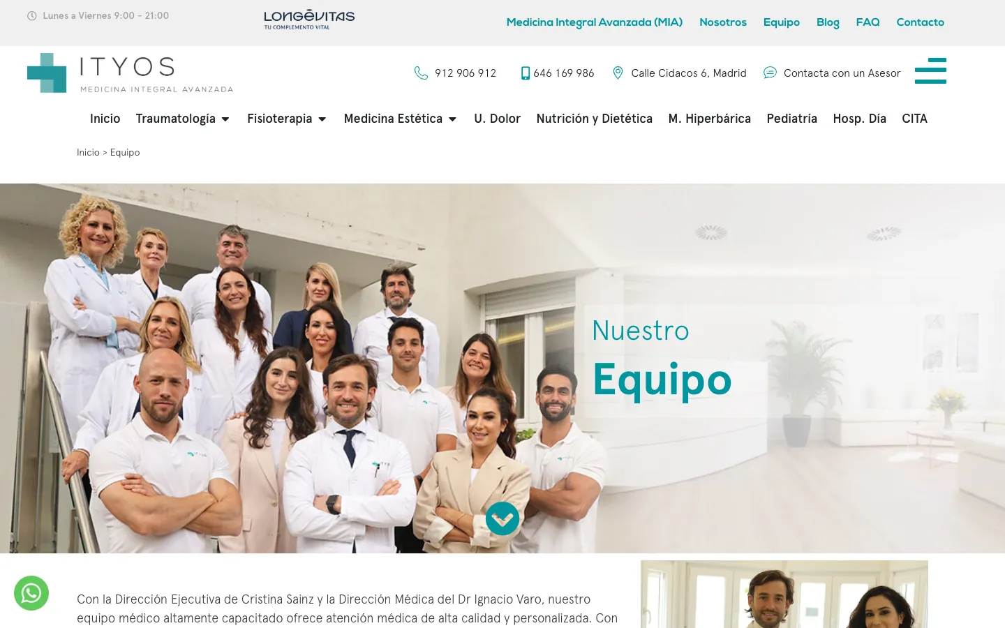 Página de equipo con una foto de grupo de los profesionales de la clínica.