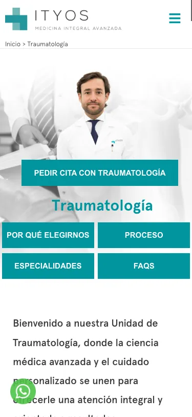 Página de Traumatología en un móvil con el botón de pedir cita y los accesos a cada apartado.