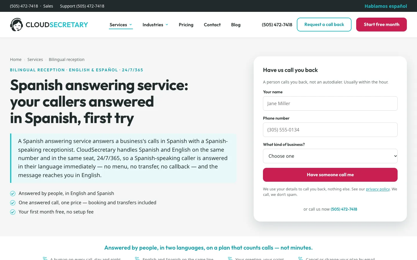 Página del servicio en español con formulario «te llamamos» a la derecha.