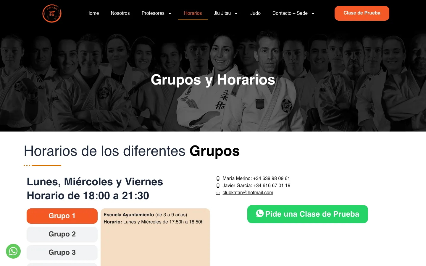Página de grupos y horarios con un selector por grupo.