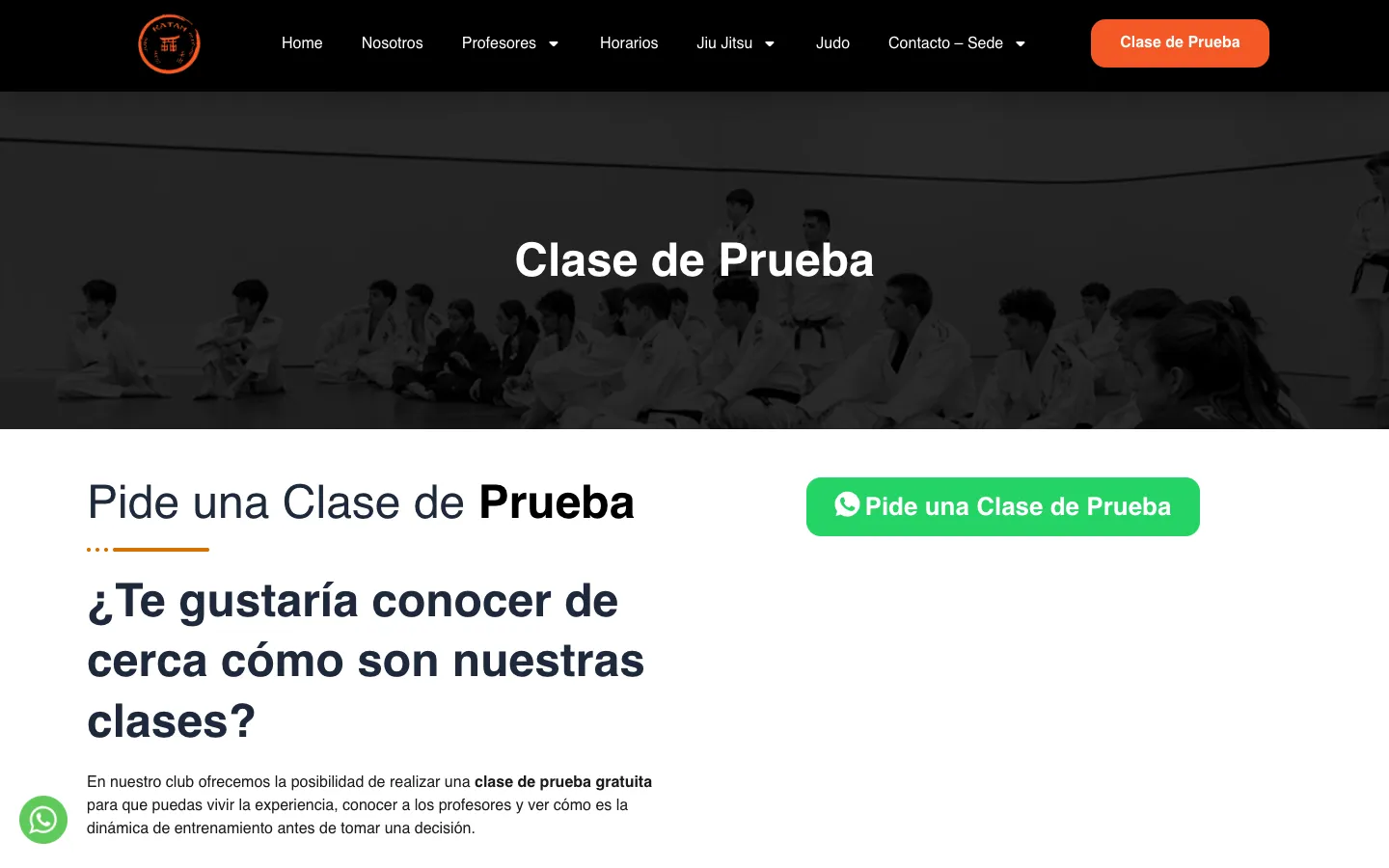 Página para pedir una clase de prueba.