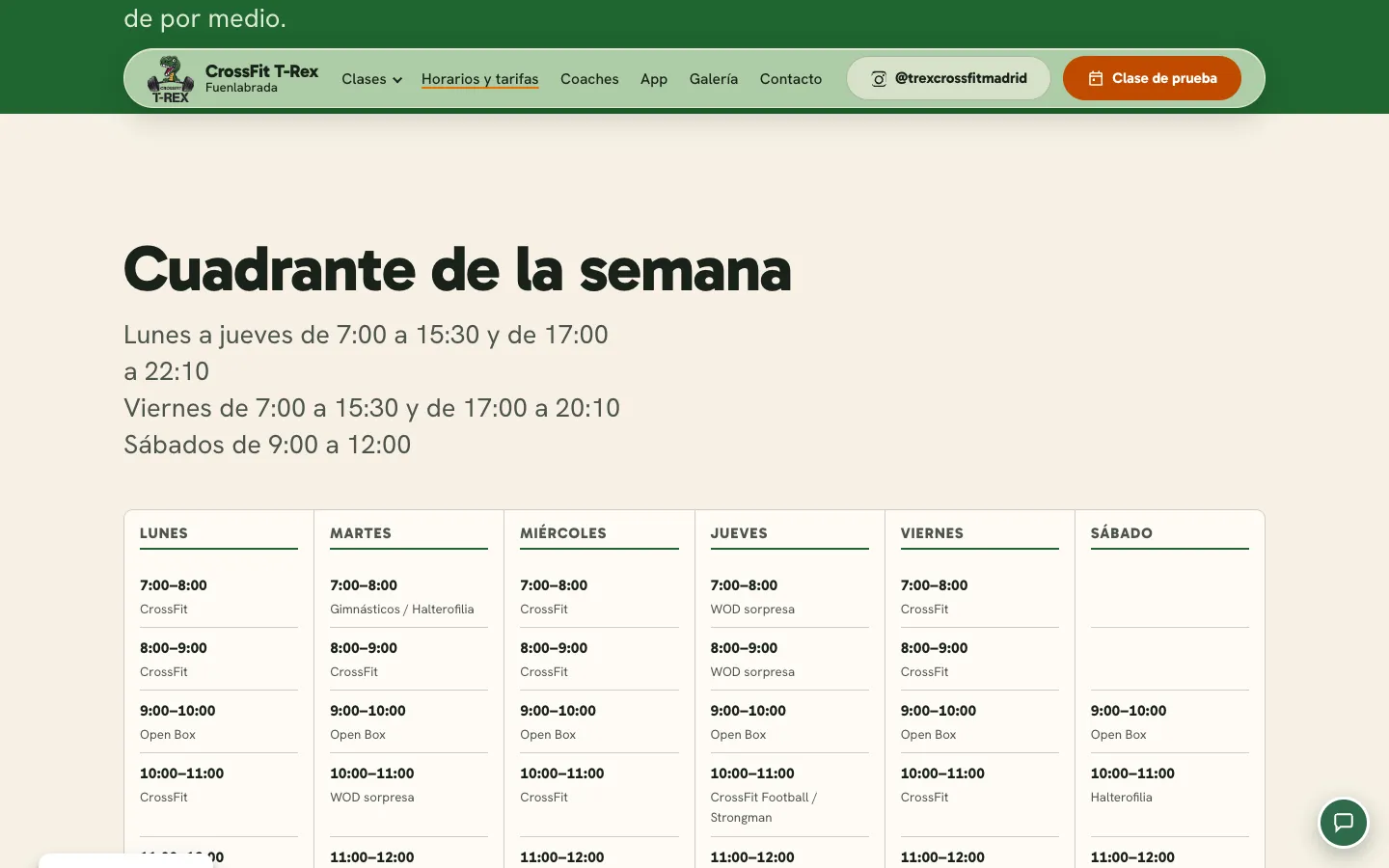 Página de horarios y tarifas con el cuadrante semanal de clases de lunes a sábado