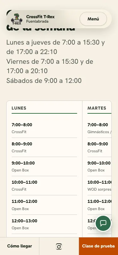 Cuadrante de clases en un móvil, con la columna del lunes y el horario de cada clase