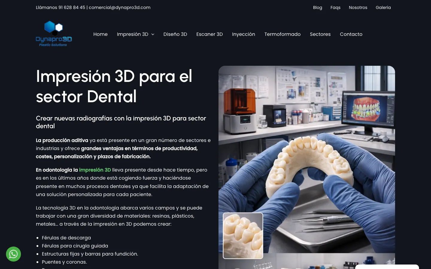Página de impresión 3D para el sector dental.