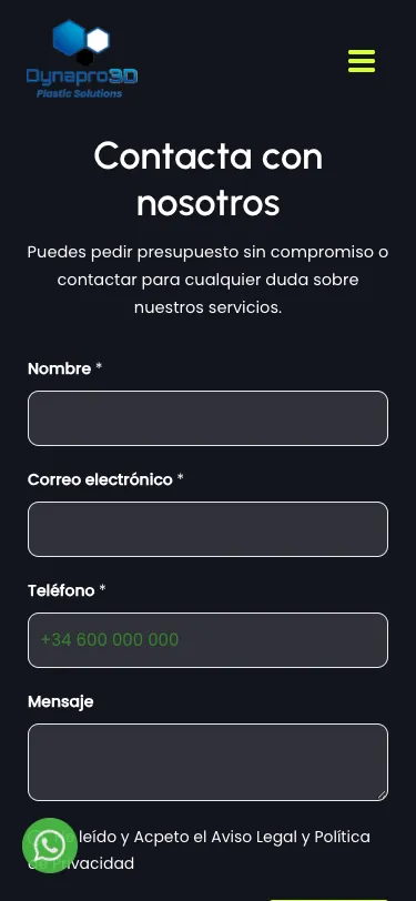 Formulario de contacto en un móvil.