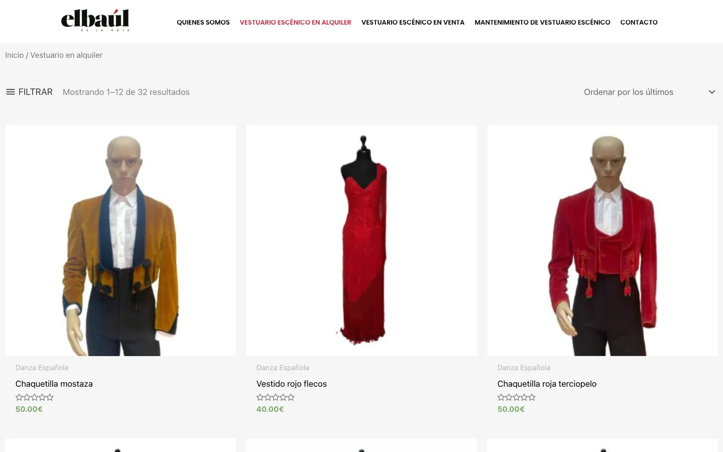 Catálogo de vestuario escénico en alquiler con chaquetillas y vestidos de danza española.