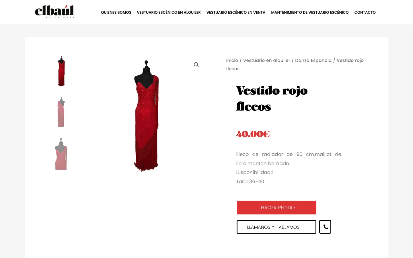 Ficha de un vestido rojo de flecos con fotos, precio, talla y botones de pedido y llamada.