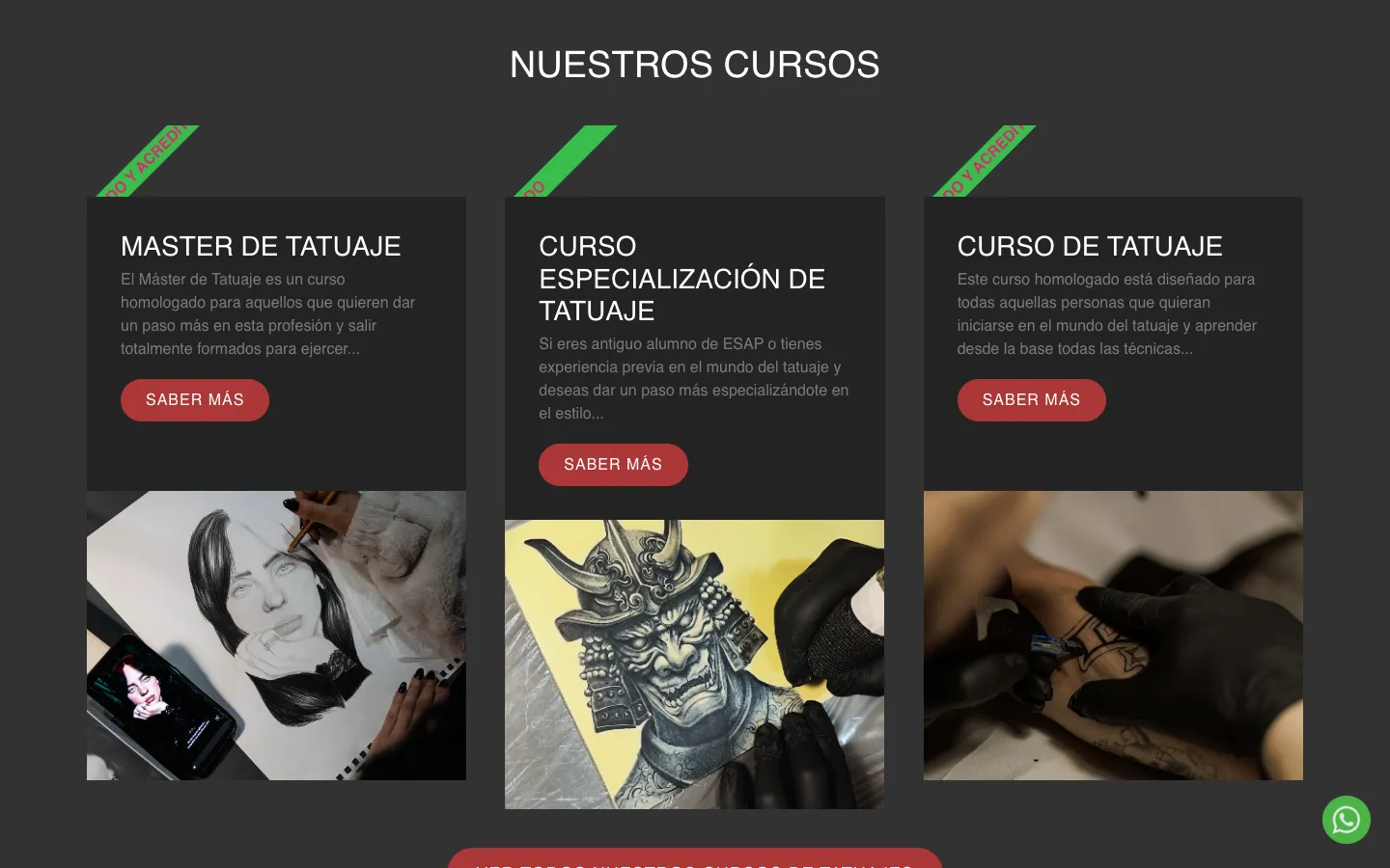 Sección «Nuestros cursos» con tres tarjetas: máster de tatuaje, curso de especialización y curso de tatuaje, cada una con su foto y su botón.