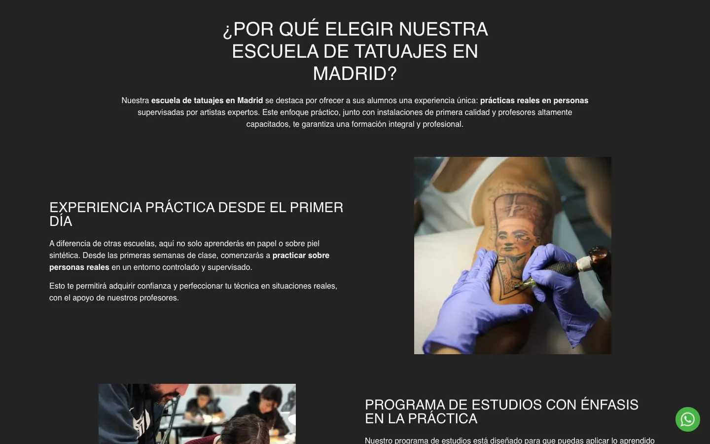 Sección «¿Por qué elegir nuestra escuela de tatuajes en Madrid?» con la foto de un tatuador trabajando sobre un brazo.