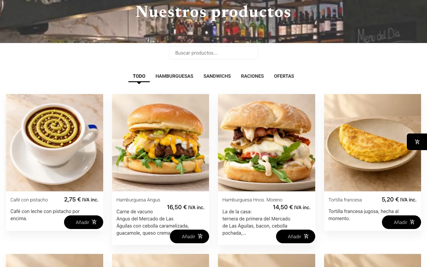 Tienda de la churrería con las categorías de la carta y los primeros productos con foto, descripción y precio
