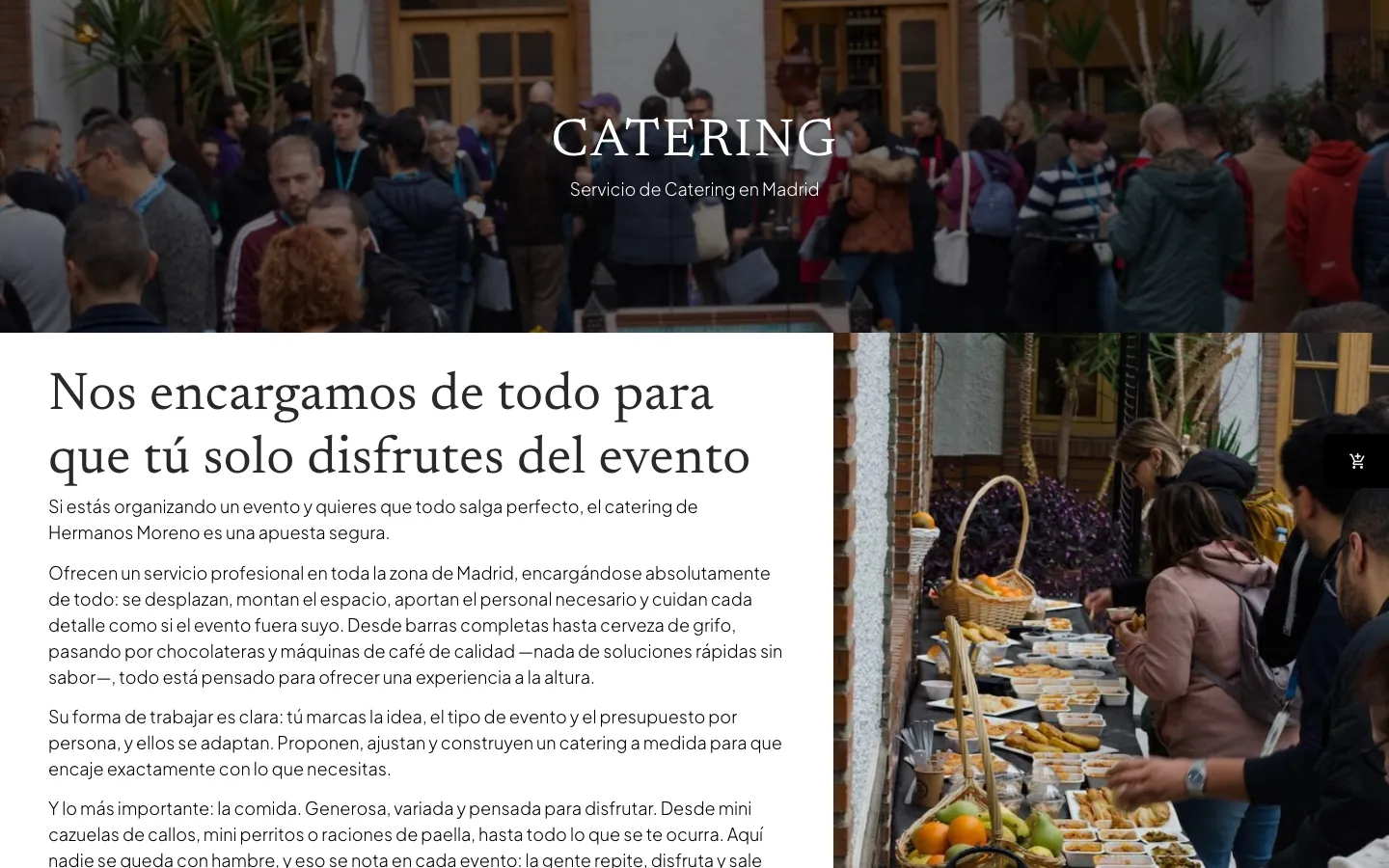 Página de catering con una foto de un evento y el texto que explica el servicio