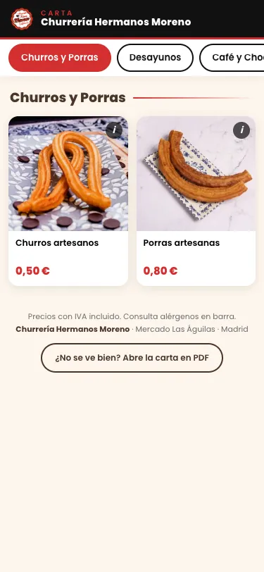 La carta digital de la churrería abierta en un móvil, con las categorías y los platos