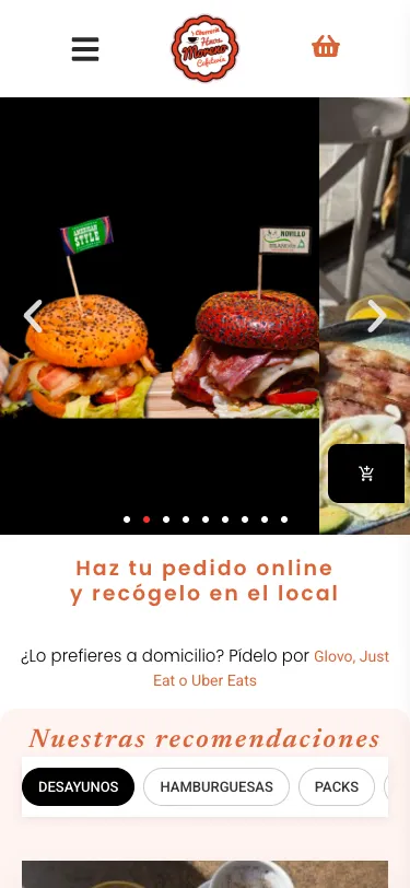 Portada de la churrería en un móvil, con el carrusel de hamburguesas y el aviso de pedido para recoger