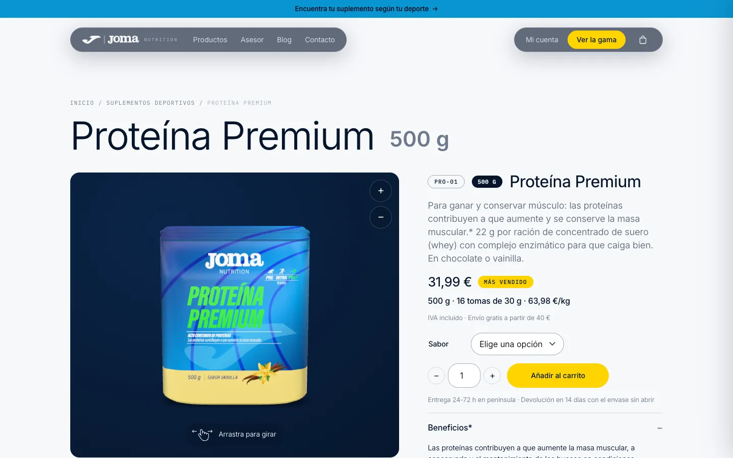Ficha de Proteína Premium con visor giratorio del envase y selector de sabor.