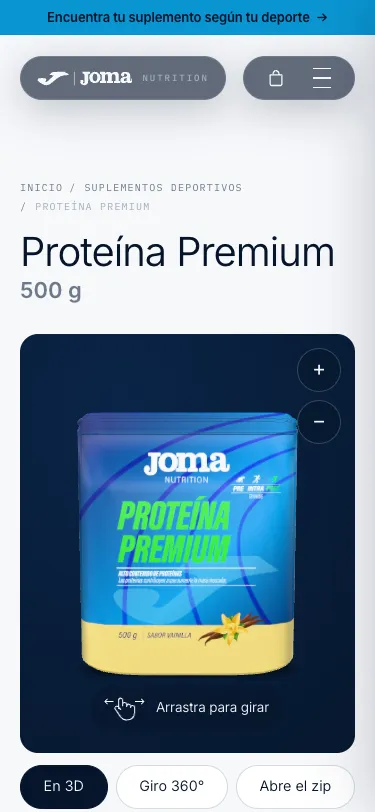 Ficha de producto en un móvil con el envase para girar.