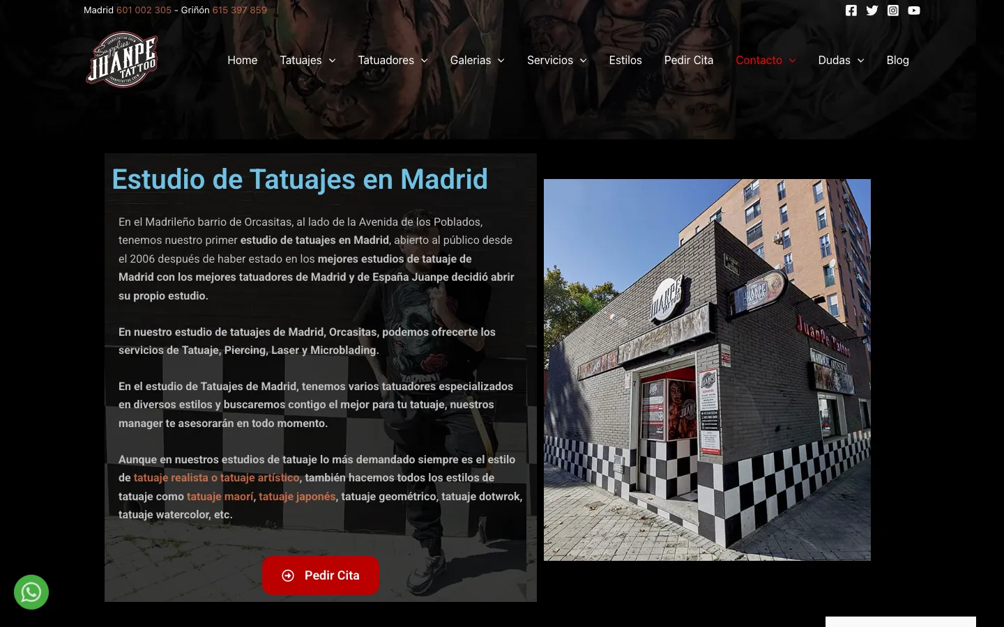 Página del estudio de tatuajes de Madrid con fotografía de la fachada.