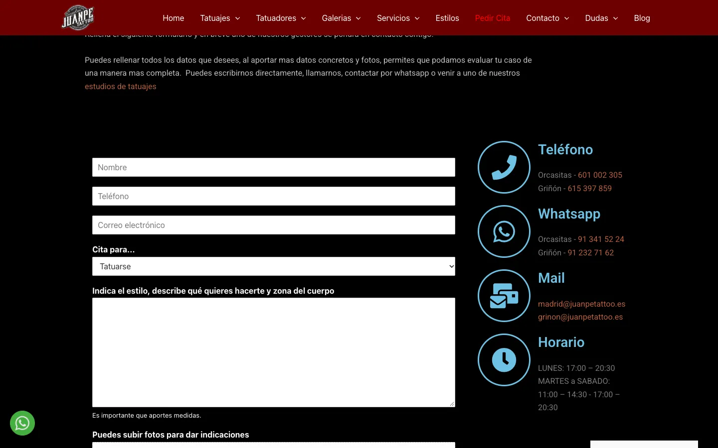 Formulario para pedir cita con datos de contacto de cada estudio.