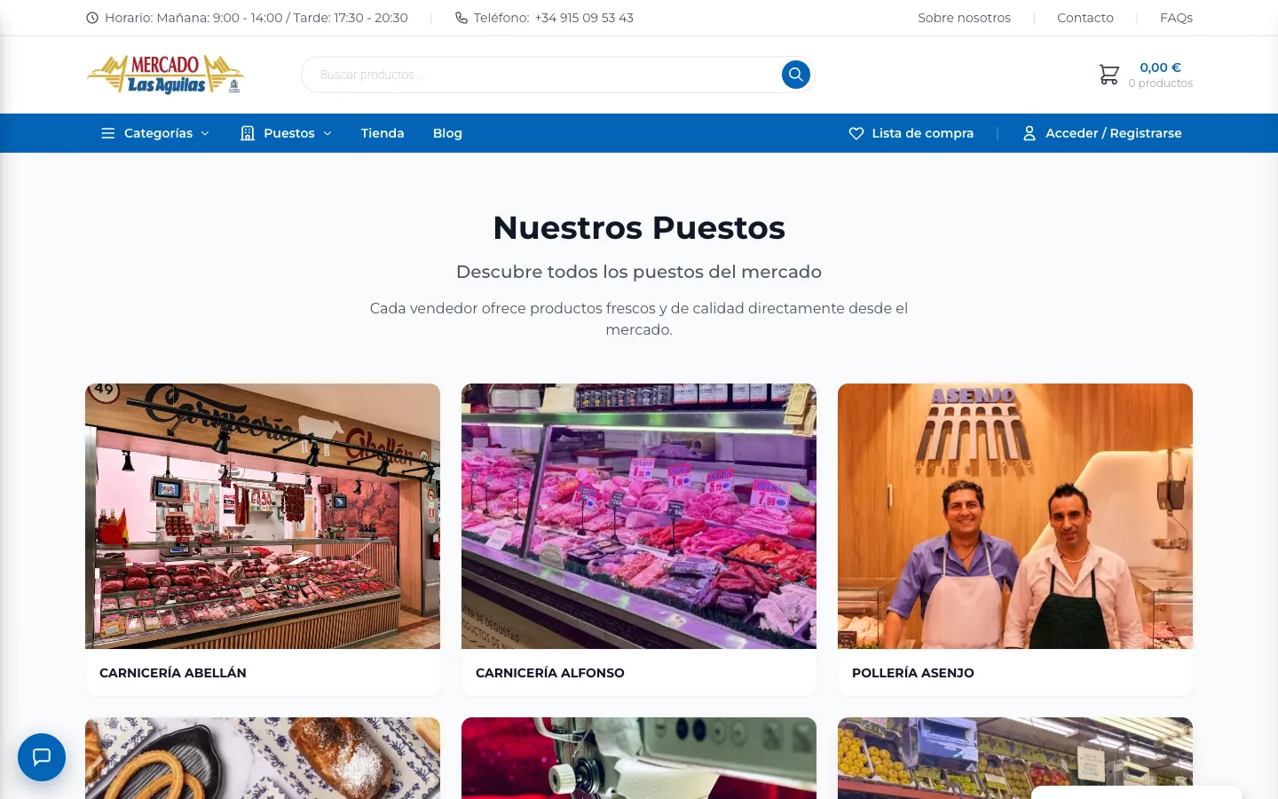 Página con los puestos del mercado: carnicerías, pollerías y otros, cada uno con la foto de su local