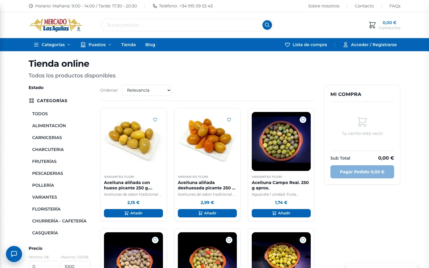 Tienda online con el menú de categorías a la izquierda, la cuadrícula de productos y la cesta a la derecha