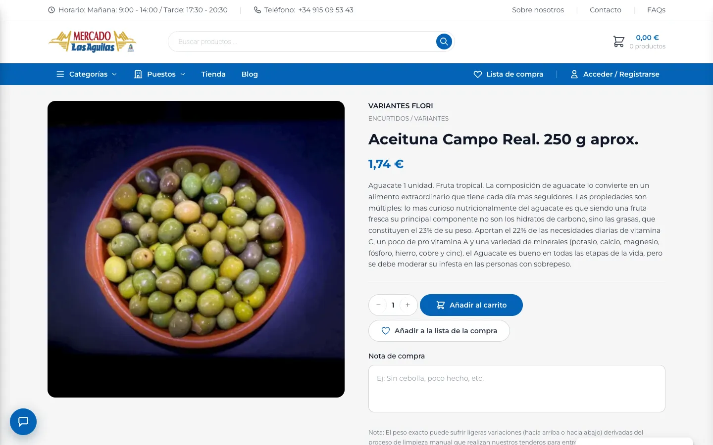 Ficha de producto con foto grande, precio, selector de cantidad y botón de añadir al carrito
