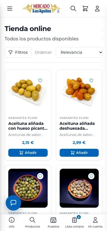 Tienda online en un móvil, con productos en dos columnas y los botones de filtrar y ordenar