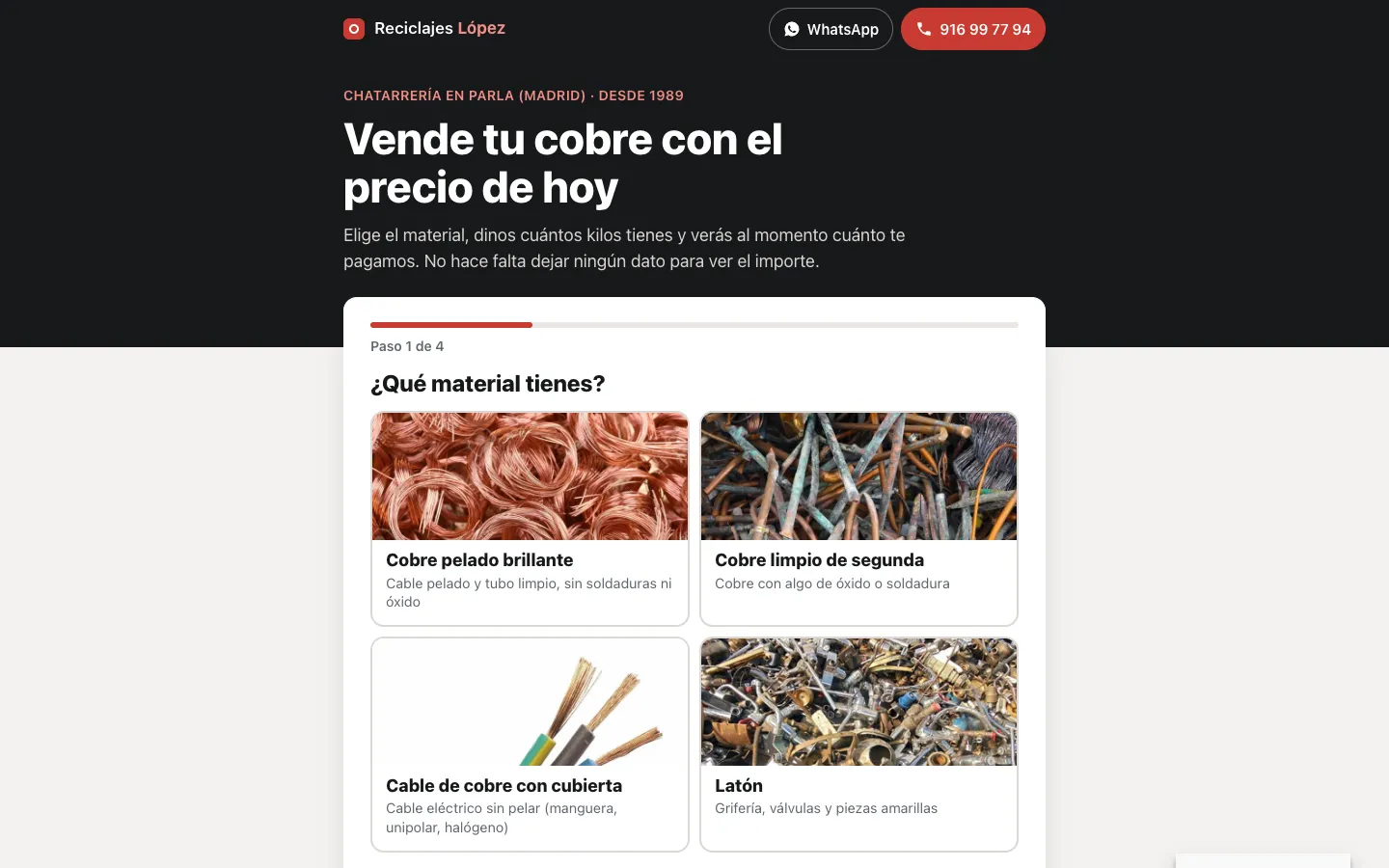 Calculadora de venta de cobre en formato de cuatro pasos, con las fotos de cada tipo de material para elegir