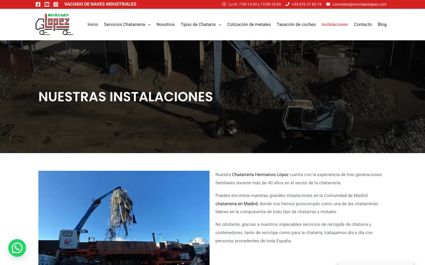 Página de instalaciones con una foto de una grúa moviendo chatarra en la nave