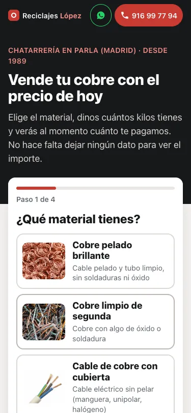 Calculadora en un móvil, con el primer paso: elegir el material que se quiere vender