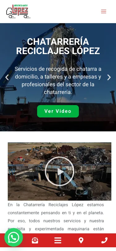 Portada de la empresa en un móvil, con la foto de la grúa y la barra de contacto fija abajo