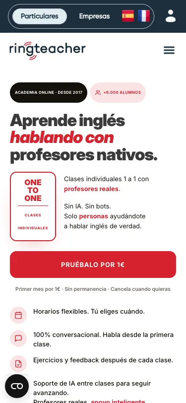 Portada de Ringteacher en un móvil: titular «Aprende inglés hablando con profesores nativos» y botón rojo de oferta de primer mes.
