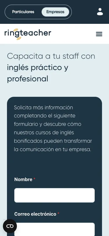 Página de clases de inglés para empresas en un móvil: titular «Capacita a tu staff con inglés práctico y profesional» y comienzo del formulario.