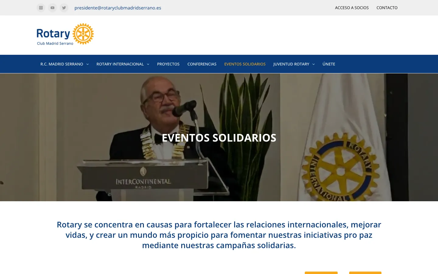 Página de eventos solidarios con una foto de un acto del club y el texto sobre sus causas