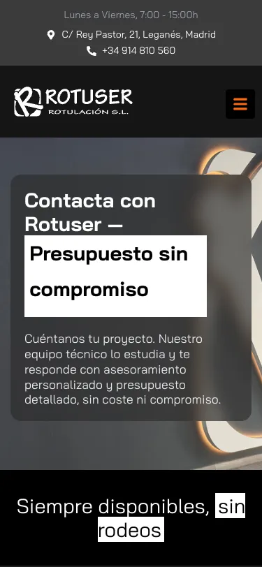 Página de contacto en un móvil.