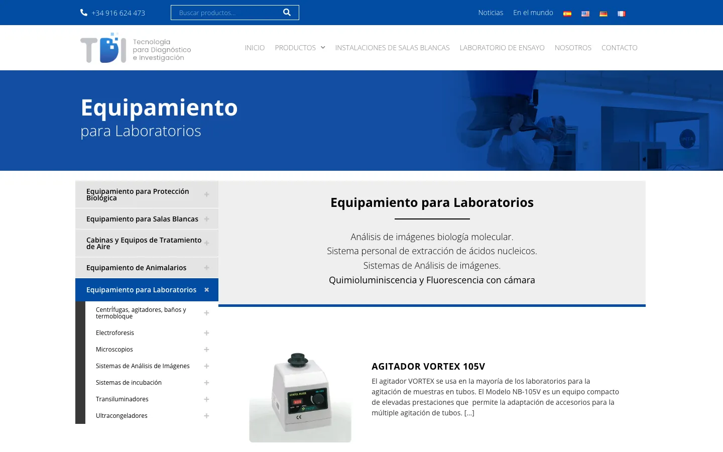 Página de equipamiento para laboratorios con el menú de categorías y un producto.