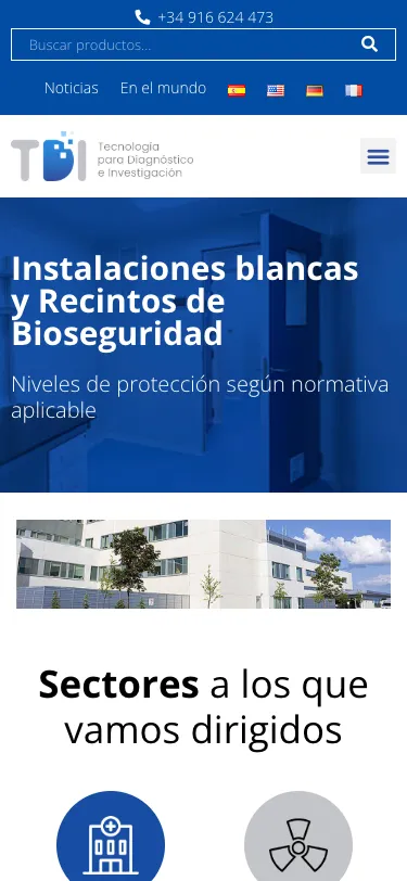 Página de instalaciones de salas blancas en un móvil.