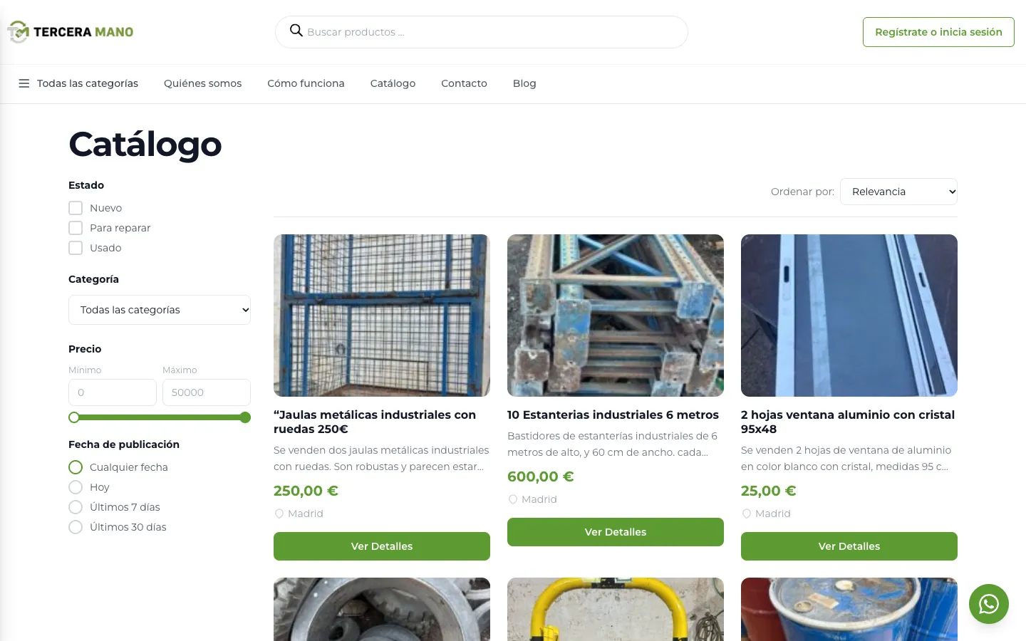 Catálogo de Tercera Mano con filtros laterales y fichas de producto.