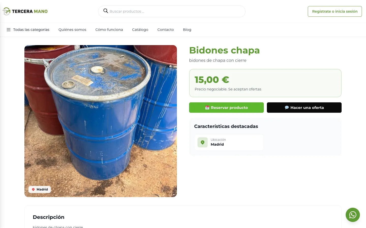 Ficha de un producto con botones «Reservar producto» y «Hacer una oferta».