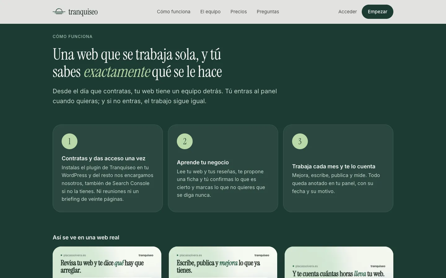 Sección «Cómo funciona» con los tres pasos sobre fondo verde oscuro.