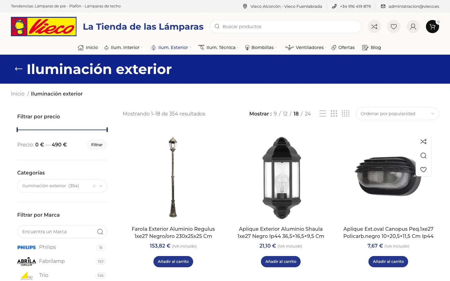 Categoría de iluminación exterior con filtros laterales y fichas de producto.