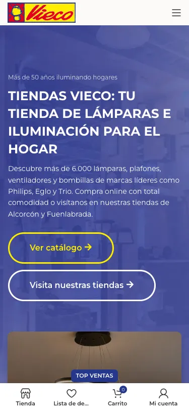 Portada de Vieco en un móvil con la barra de compra fija.