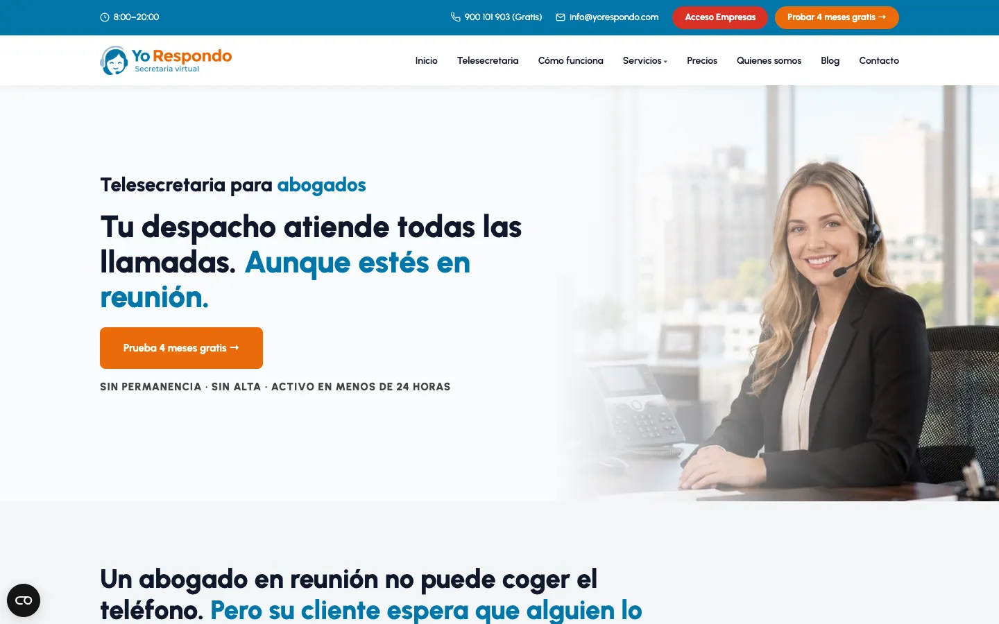 Página de telesecretaría para abogados con titular y fotografía.