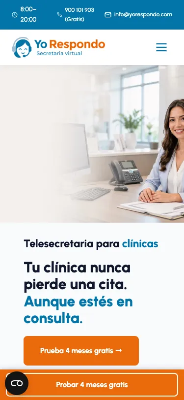 Página de telesecretaría para clínicas en un móvil.